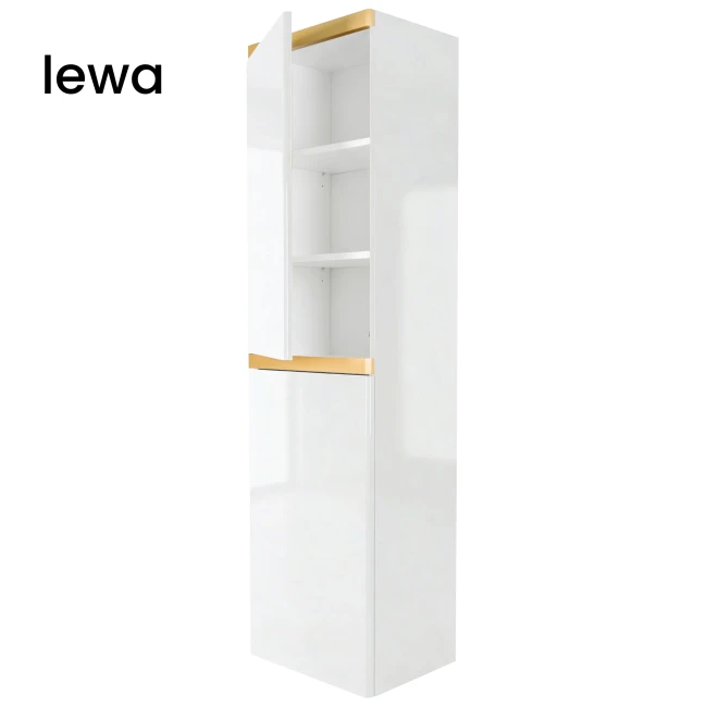 Słupek łazienkowy wiszący 40x150 Aquameb Andora biały połysk złoty mat 3 półki białe wnętrze lewy