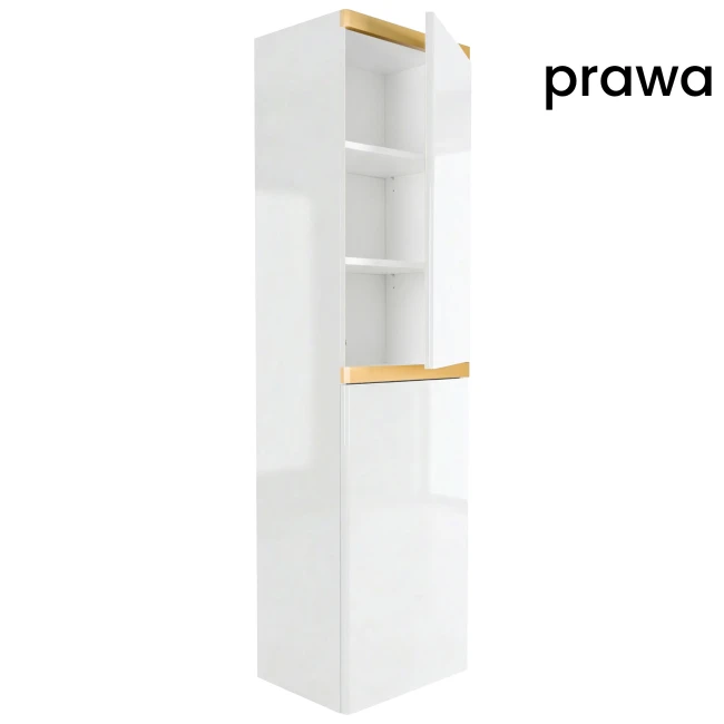 Słupek łazienkowy wiszący 40x150 Aquameb Andora biały połysk złoty mat 3 półki białe wnętrze prawy