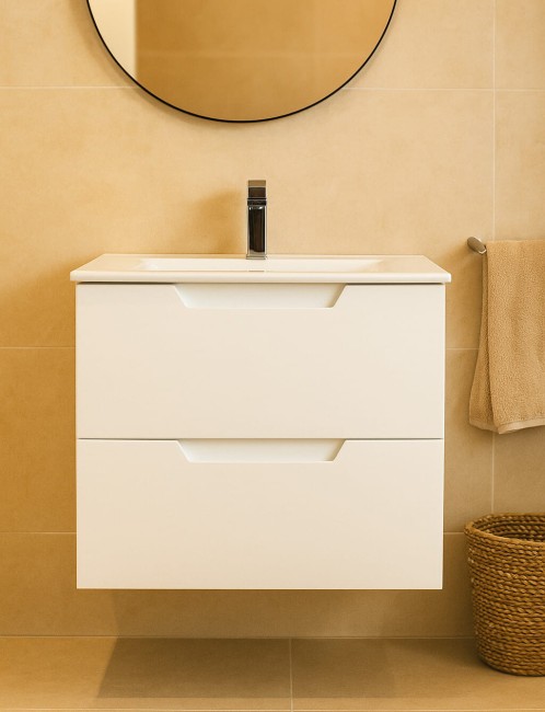 Szafka wisząca 60 cm z umywalką ceramiczną wpuszczaną Aquameb Borneo fronty biały połysk system 2 szuflad z uchwytem krawędziowym