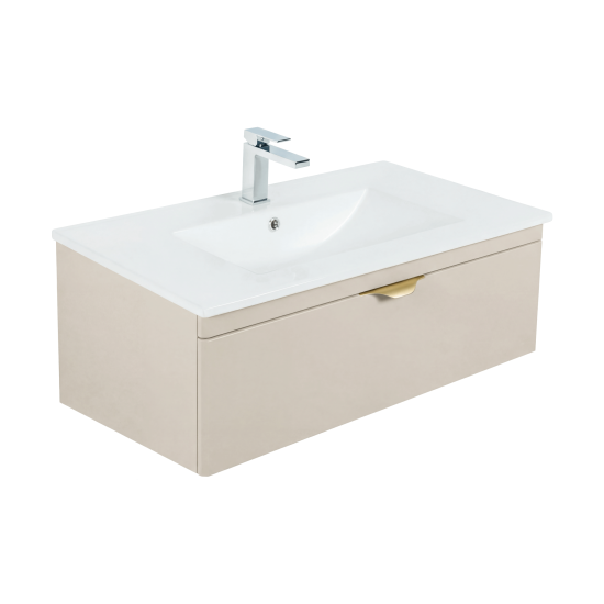 Szafka łazienkowa z umywalką wpuszczaną 80 cm wisząca Aquameb Andora kaszmir mat 1 szuflada złoty uchwyt