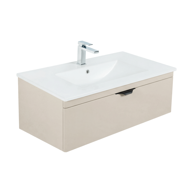 Szafka łazienkowa z umywalką wpuszczaną 60 cm wisząca Aquameb Andora kaszmir mat 1 szuflada czarny uchwyt