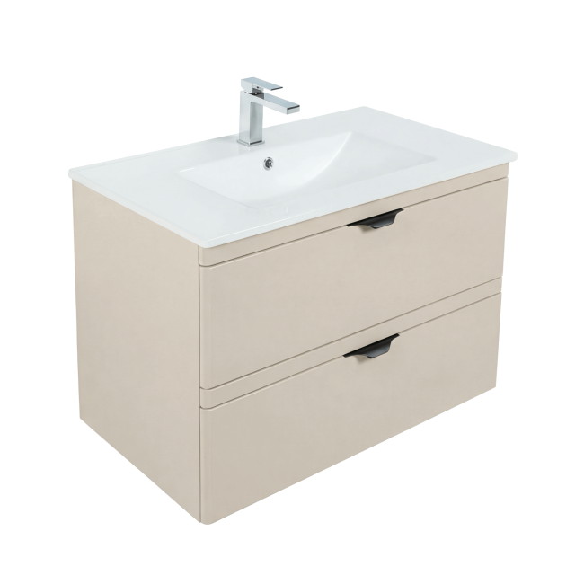 Szafka łazienkowa z umywalką wpuszczaną 60 cm wisząca Aquameb Andora kaszmir mat 2 szuflady czarny uchwyt