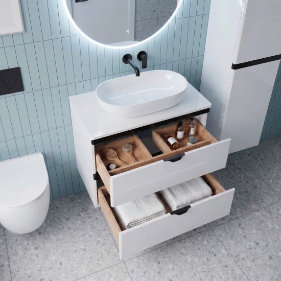 Nowoczesny zestaw mebli łazienkowych biały połysk czarny mat umywalka nablatowa bateria czarna Aquameb Andora widok z boku